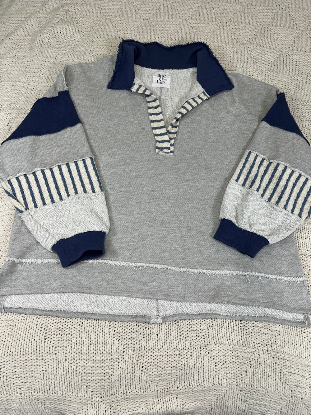 BUCKETLIST Grey Sweatshirt with Navy Collar and Striped Cuffs